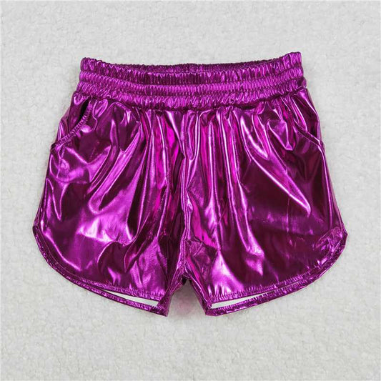 RTS NO MOQ Baby Girls Summer Pants SS0412 Purple Pocket Leather Elastic Bottom Shorts