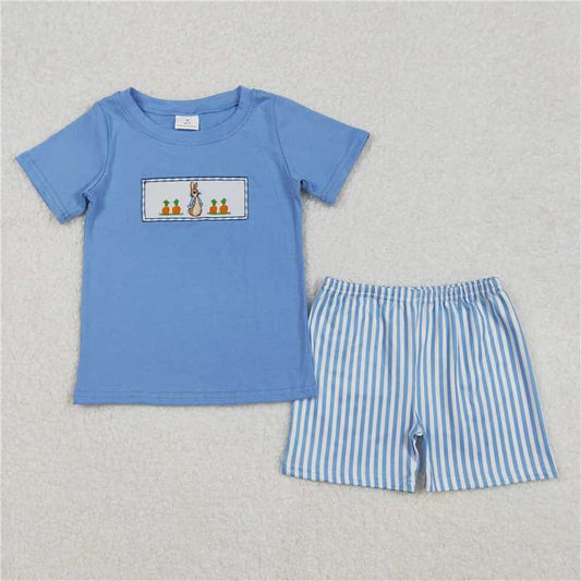 RTS NO MOQ Baby Boys kids Summer Sets BSSO1026 Carrot Rabbit Blue Short Sleeve Striped Shorts Suit