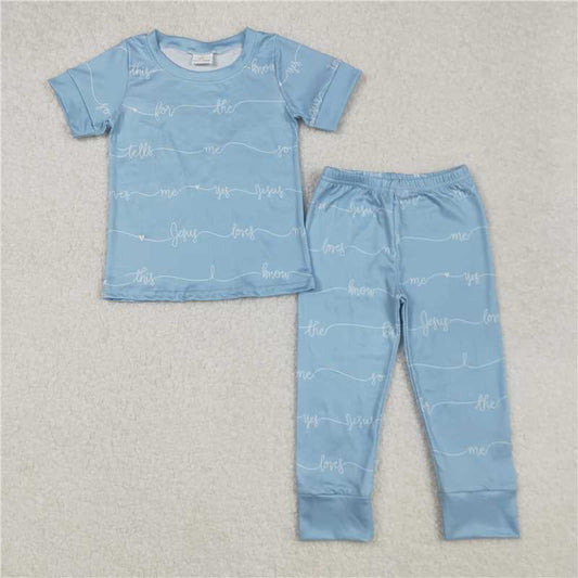 RTS NO MOQ Baby Boys Summer Sets BSPO0529 Green Short Sleeves Jesus Loves Me Top Pants Pajamas