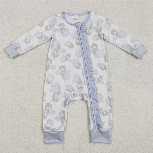 RTS NO MOQ Baby Girls Bodysuit LR2157 Ruffles Blue Flowers Zip Rompers