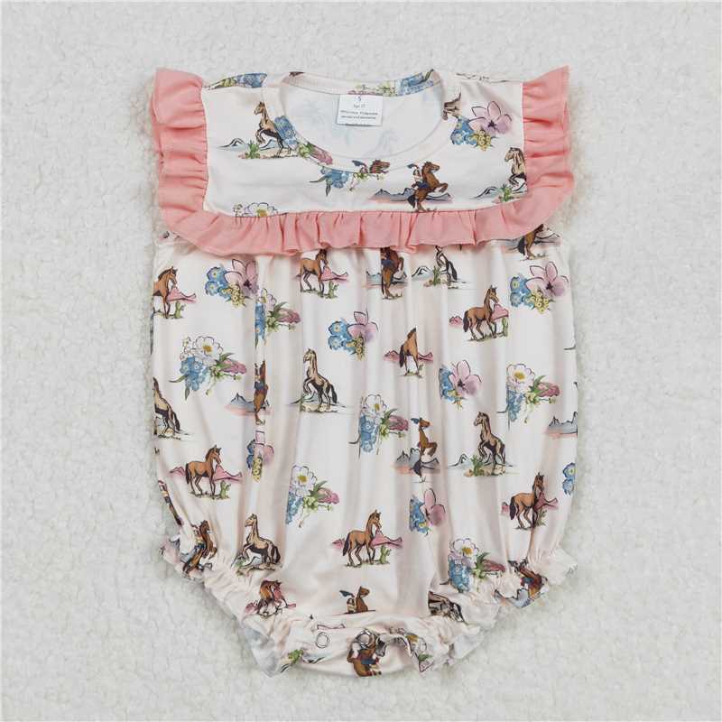 RTS NO MOQ Baby Girls Summer Bodysuit SR2690 Western Ruffle Horse Rodeo Flowers Rompers