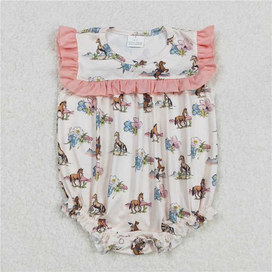 RTS NO MOQ Baby Girls Summer Bodysuit SR2690 Western Ruffle Horse Rodeo Flowers Rompers