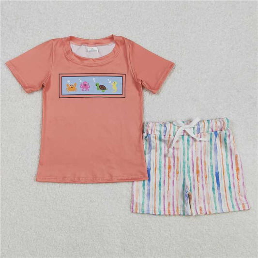 RTS NO MOQ Baby Boys kids Summer sets BSSO1278 Crab octopus turtle seahorse animal orange short-sleeved colorful striped shorts suit