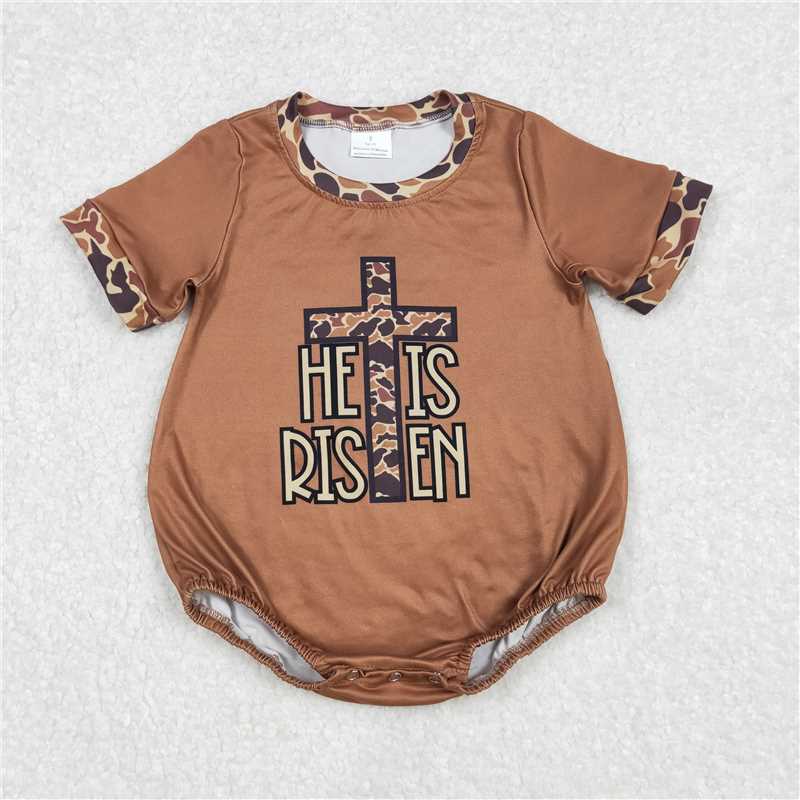 RTS NO MOQ Baby Boys Summer Bodysuit SR2374 He Is Risen Cross Short Sleeve Camo Rompers