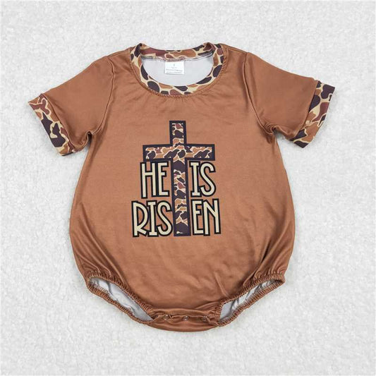 RTS NO MOQ Baby Boys Summer Bodysuit SR2374 He Is Risen Cross Short Sleeve Camo Rompers