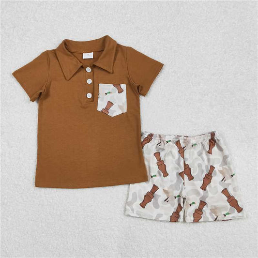 RTS NO MOQ Baby Boys kids Summer sets BSSO1206 Duck Bottle Camouflage Pocket Brown Short Sleeve Shorts Set