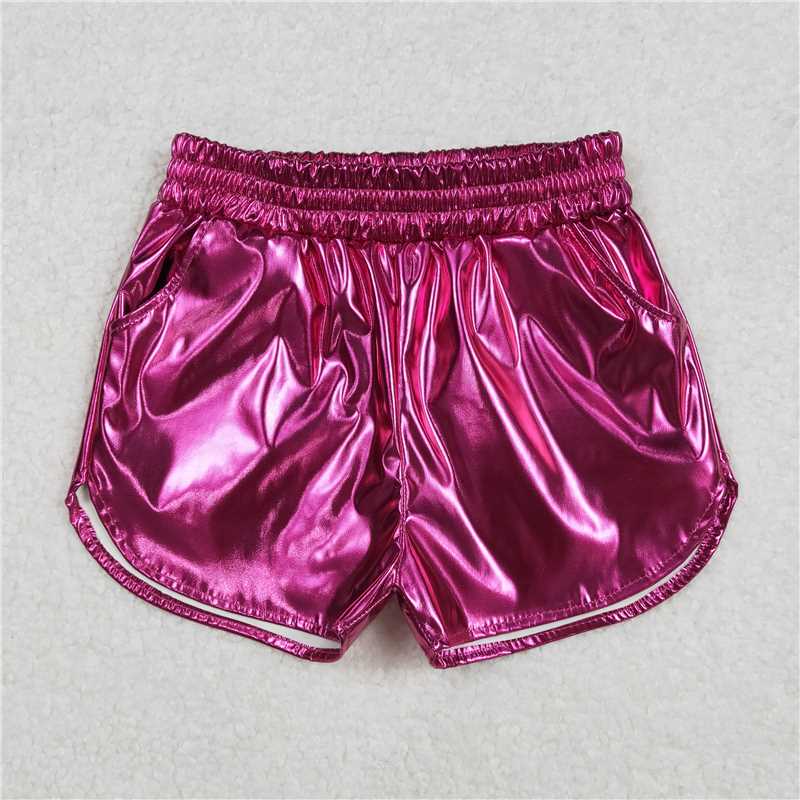 RTS NO MOQ Baby Girls Summer Pants SS0414 Hotpink Pocket Leather Elastic Bottom Shorts