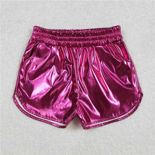 RTS NO MOQ Baby Girls Summer Pants SS0414 Hotpink Pocket Leather Elastic Bottom Shorts