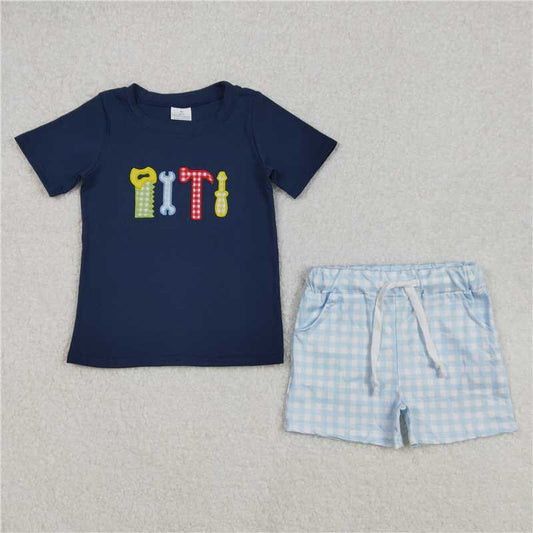 RTS NO MOQ Baby Boys kids Summer Sets BSSO1118 Wrench Hammer Tools Blue Short Sleeve Plaid Shorts Suit