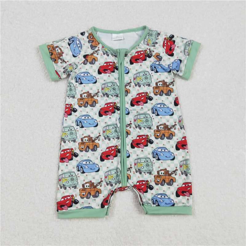 RTS NO MOQ Baby Boys Summer Bodysuit SR2373 Car Green Short Sleeve Checkered Zip Rompers