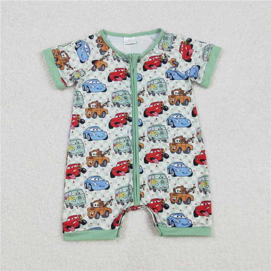 RTS NO MOQ Baby Boys Summer Bodysuit SR2373 Car Green Short Sleeve Checkered Zip Rompers