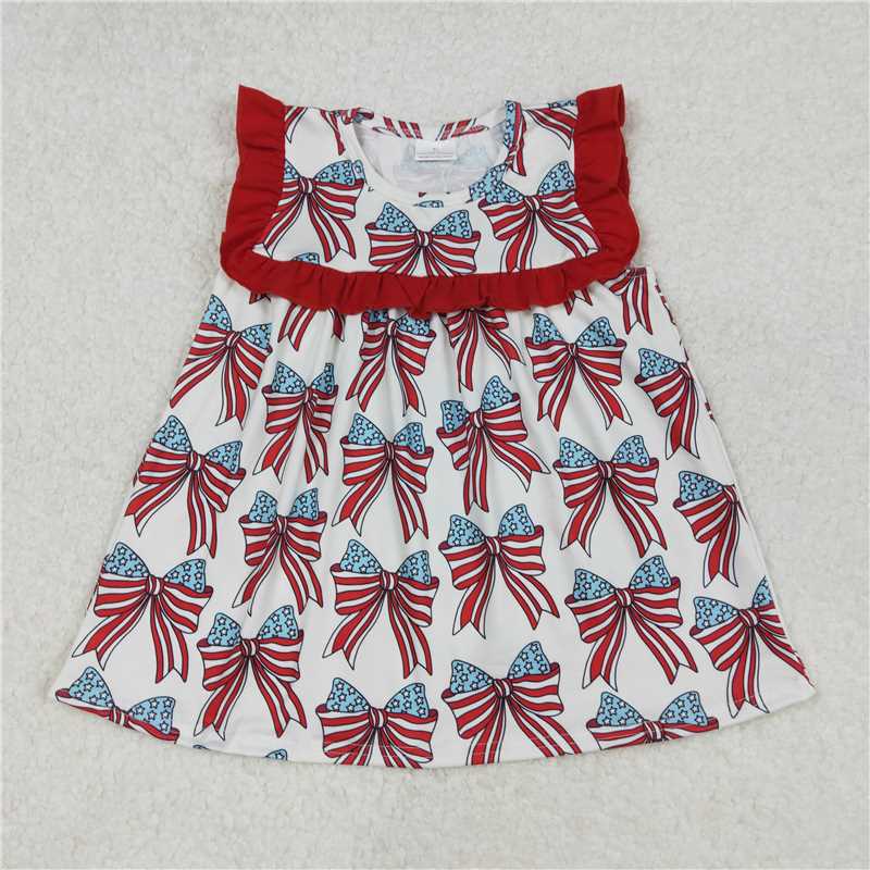 RTS NO MOQ Summer Baby Girls Short Sleeve GT0949 4th Of July Bow Ruffles Tunic Tops