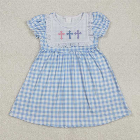 7.9 RTS NO MOQ Summer Baby Girls Dresses GSD1522 Easter Blue Checkered Cross Knee Length Dresses