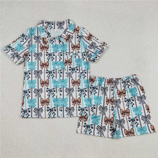 RTS NO MOQ Adult Women Summer Sets GSSO1856 Western Bows Stripes Buttons Tops Shorts Pajamas