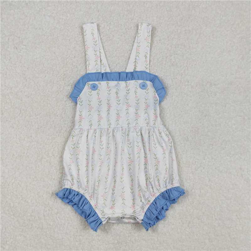 RTS NO MOQ Baby Girls Summer Bodysuit SR1478 Blue Ruffle Leaves Straps Rompers