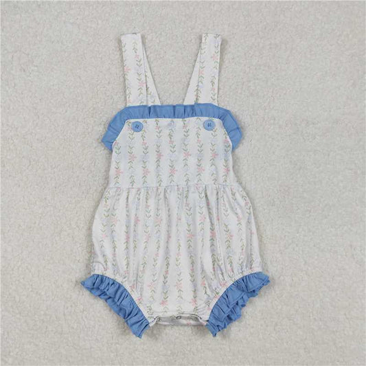 RTS NO MOQ Baby Girls Summer Bodysuit SR1478 Blue Ruffle Leaves Straps Rompers