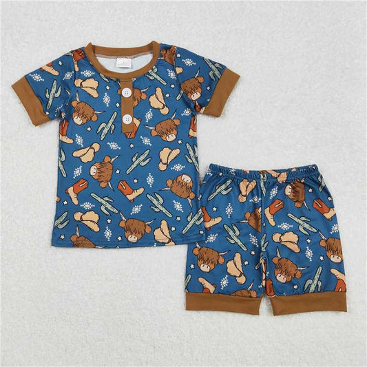 RTS NO MOQ Baby Boys kids Summer sets BSSO1232 Cactus Boots Geometric Pattern Brown and Blue Short Sleeve Shorts Pajama Set