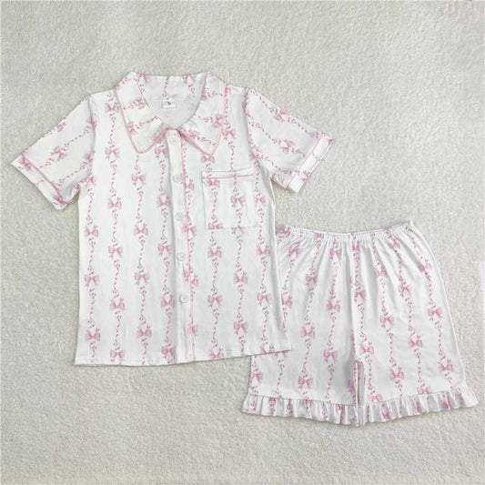 RTS NO MOQ Adult Women Summer Sets GSSO1944 Pink Bows Lapel Buttons Tops Shorts Pajamas