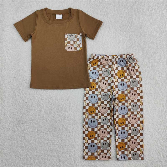 RTS NO MOQ Baby Boys Summer Sets BSPO0425 Brown Pocket Tops Pants Outfits Clothes Sets