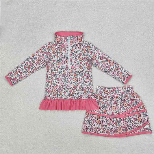 RTS NO MOQ Baby Girls Long Sleeve Outfits GLD1011 Bright Pink Flowers Zip Top Skirt Ruffle Skort Bottoms Sets