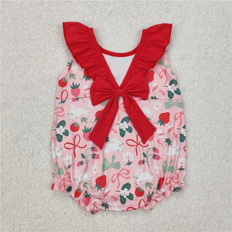 RTS NO MOQ Baby Girls Summer Bodysuit SR2582 Red Strawberry Bows Sleeveless Ruffle Rompers