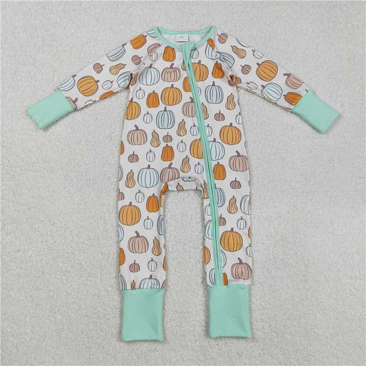 11.12 LR2565 Baby Boys Green Pumpkins Fall Zipper Footie Rompers