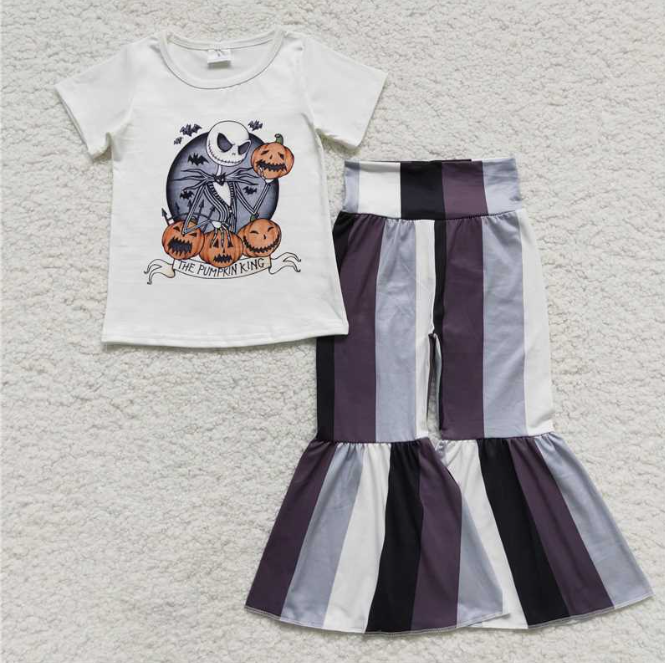 GSPO0812 Baby Girls Halloween Pumpkin Top Stripes Bell Pants Clothes Sets