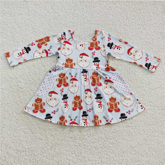 7.5 RTS NO MOQ Baby Girls Long Sleeve GLD0367 Blue Christmas Snowman Gingerbread Long Sleeve Dresses