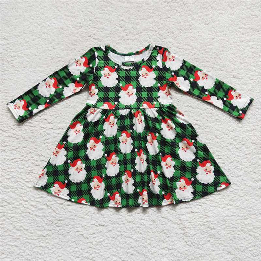 7.5 RTS NO MOQ Baby Girls Long Sleeve GLD0262 Christmas Green Plaid Santa Knee Length Dresses