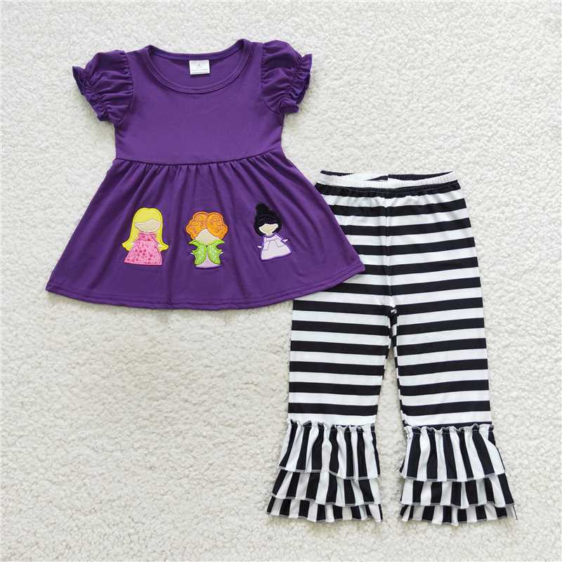 GSPO0834 Baby Girls Halloween Witches Purple Tunic Double Ruffle Pants Clothes Sets