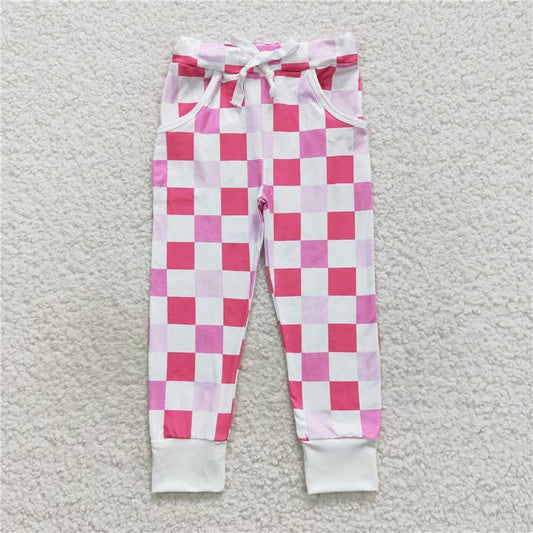 5.23 RTS NO MOQ Baby Girls Long Pants P0293 Pink Checkered Bell Bottom Pants