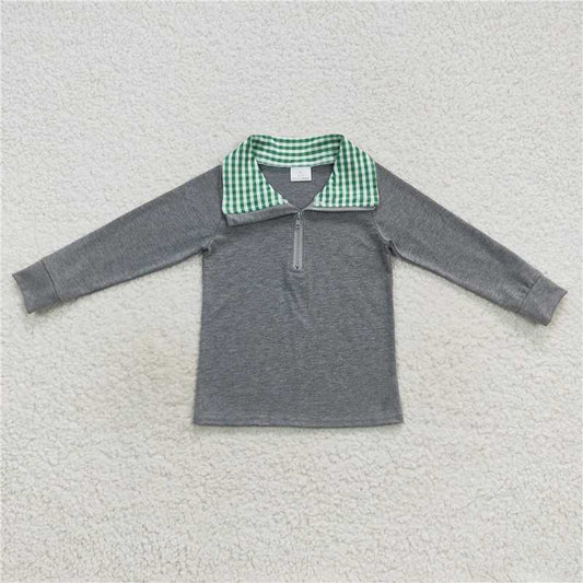 6.30 RTS NO MOQ Baby Boys Long Sleeve BT0281 Green Plaid Long Sleeve Pullover Tee Shirt Tops