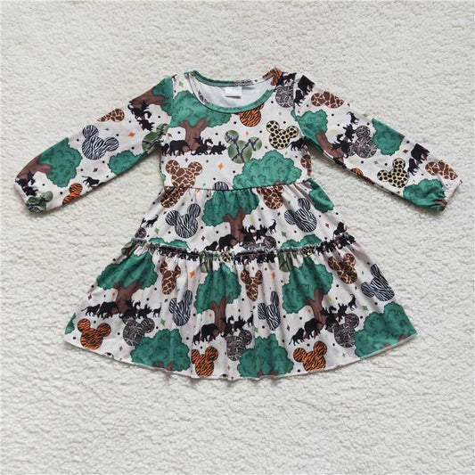 7.5 RTS NO MOQ Baby Girls Long Sleeve GLD0260 Animal Print Tree Knee Length Dresses