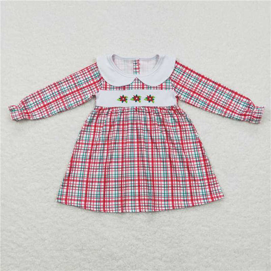 7.5 RTS NO MOQ Baby Girls Long Sleeve GLD0470 Christmas Flowers Green Red Plaid Knee Length Dresses