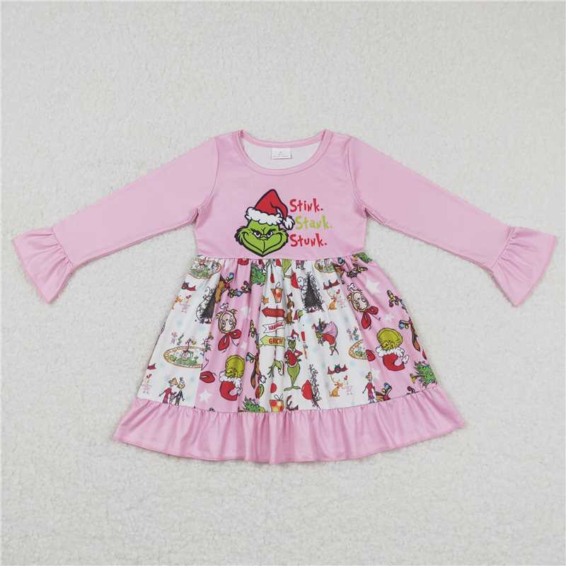 7.5 RTS NO MOQ Baby Girls Long Sleeve GLD0457 Pink Christmas Frog Ruffle Knee Length Dresses