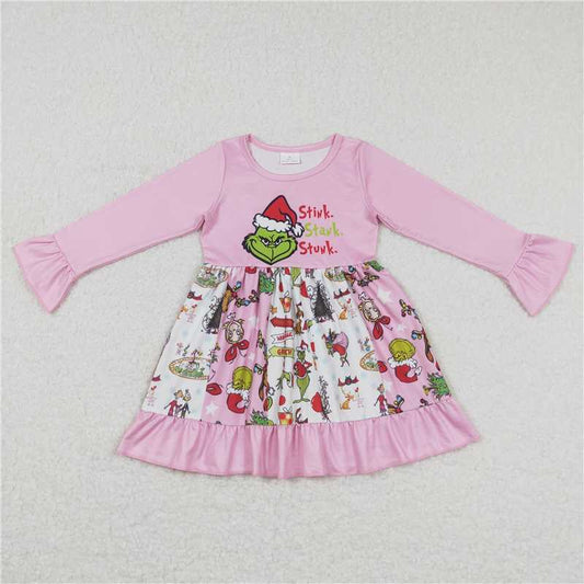7.5 RTS NO MOQ Baby Girls Long Sleeve GLD0457 Pink Christmas Frog Ruffle Knee Length Dresses