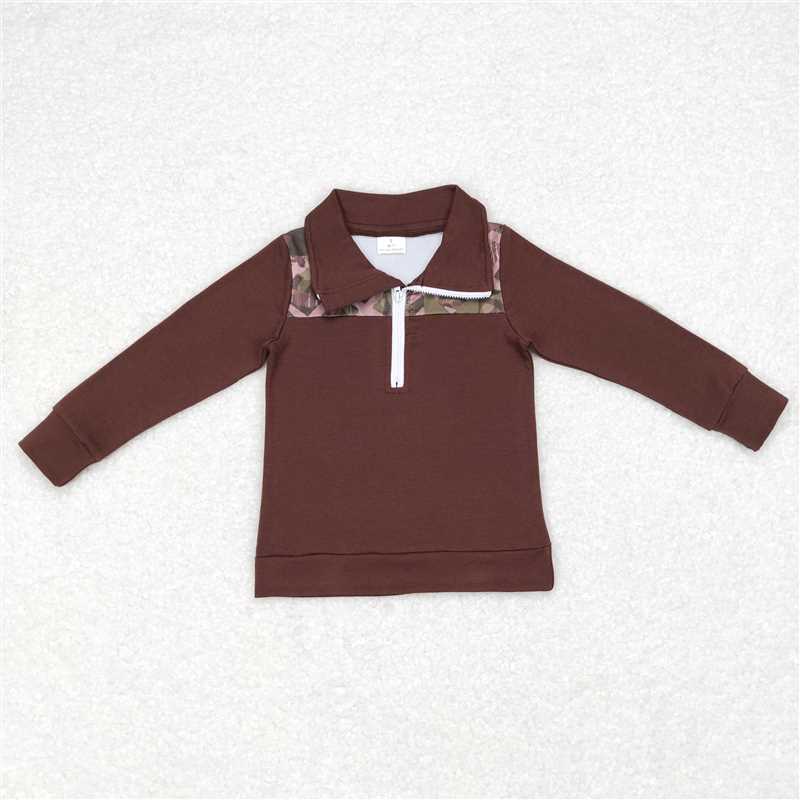 5.20 RTS NO MOQ Baby Boys Long Sleeve BT0328 Camo Brown Zip Long Sleeve Pullover Tops