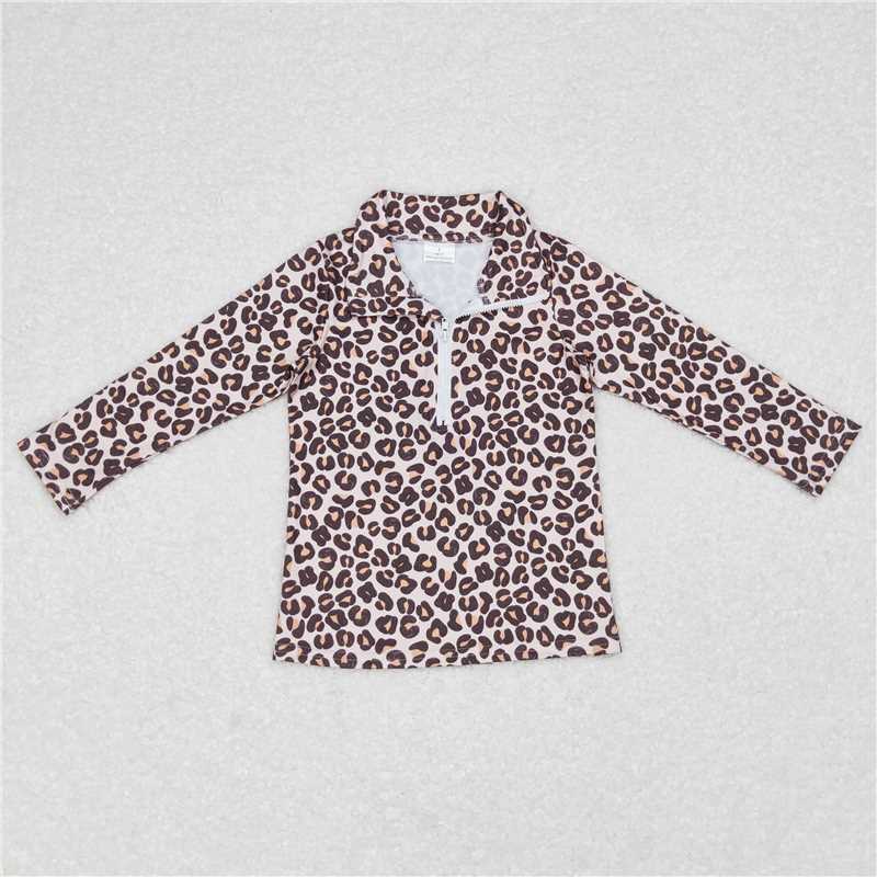 5.22 RTS NO MOQ Baby Girls Long Sleeve GT0361 Leopard Long Sleeve Zip Pullovers Tops