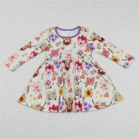 7.5 RTS NO MOQ Baby Girls Long Sleeve GLD0399 Highland Cow Purple Flowers Western Knee Length Dresses