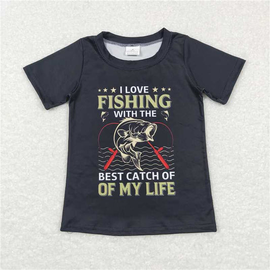 7.17 RTS NO MOQ Summer Baby Boys Shirt BT0414 Love Fishing Black Short Sleeve Tee Shirts Tops