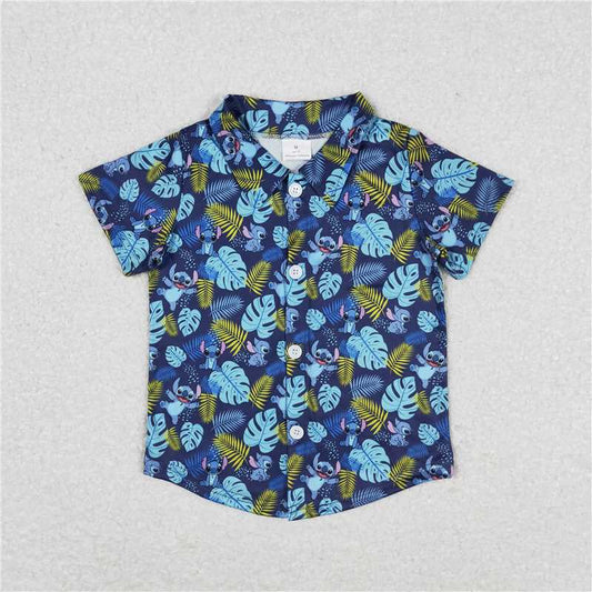 RTS NO MOQ Summer Baby Boys Shirt BT0608 Blue Animal Short Sleeve Buttons Tee Shirts Tops
