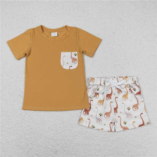 RTS NO MOQ Baby Boys kids Summer Sets BSSO0464 Dinosaur Pocket Brown Short Sleeve Shorts Set