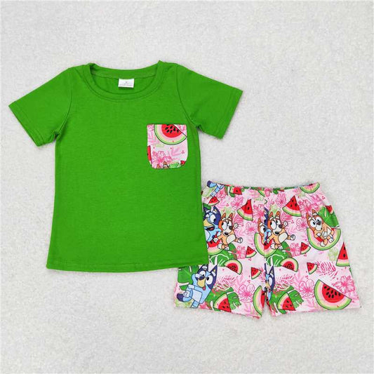 RTS NO MOQ Baby Boys kids Summer Sets BSSO0743 Green Watermelon Pocket Short Sleeve Shorts Set