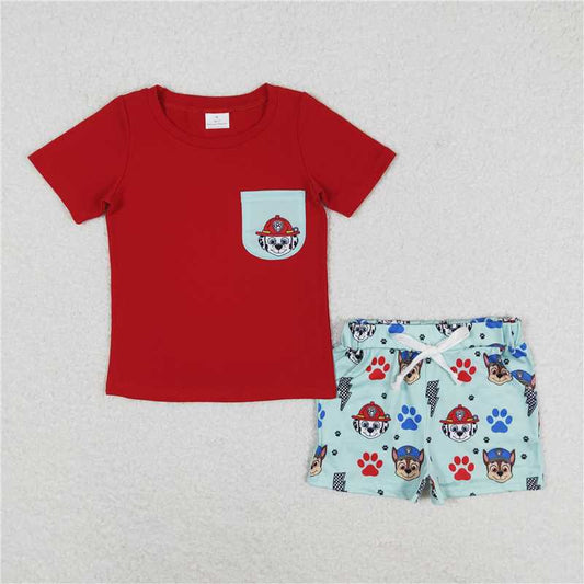 RTS NO MOQ Baby Boys kids Summer Sets BSSO0794 Pocket Red Short Sleeve Green Shorts Set