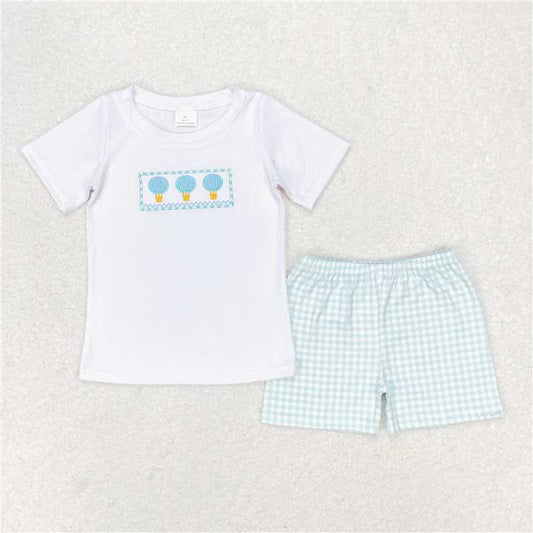 RTS NO MOQ Baby Boys kids Summer Sets BSSO0784 Hot Air Balloon White Short Sleeve Plaid Shorts Set