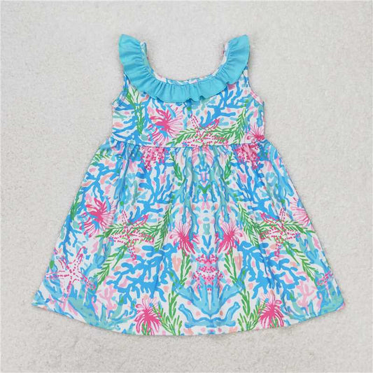 7.30 RTS NO MOQ Summer Baby Girls Dresses GSD1138 Blue Flowers Ruffle Knee Length Dresses