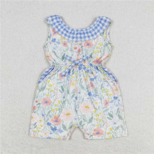 RTS NO MOQ Summer Baby Girls Bodysuit SR1343 Blue Flowers Checkered Shorts Jumpsuits