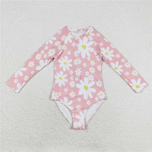 S0244 Baby Girls Daisy Long Sleeve Pink Swimsuits