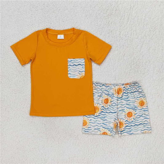 RTS NO MOQ Baby Boys kids Summer Sets BSSO0897 Sun Wave Pocket Orange Short Sleeve Shorts Set