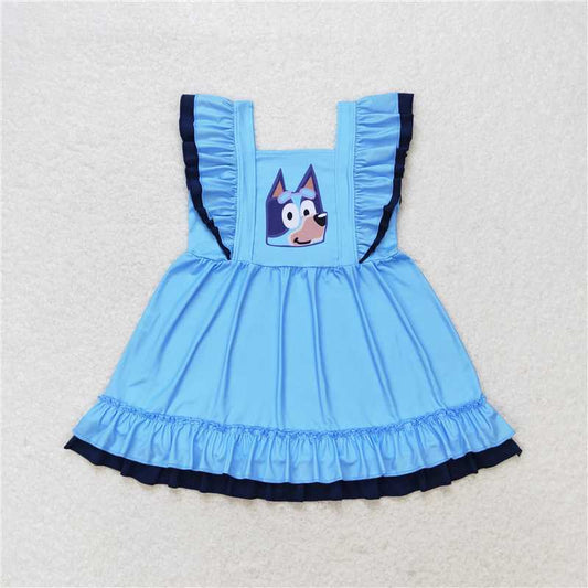 7.30 RTS NO MOQ Summer Baby Girls Dresses GSD1185 Dogs Blue Knee Length Dresses